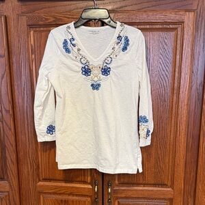 Charter Club Cream Blouse with Blue Embroidery & beaded accents